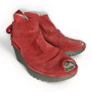 Fly London Yema Peep Toe Wedge Bootie Shoe Red Boho Lagenlook Hippy Sz 36